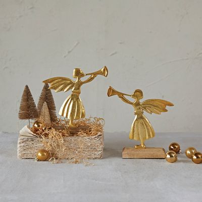 Gold Finish Angel On Wood Base Set of 2