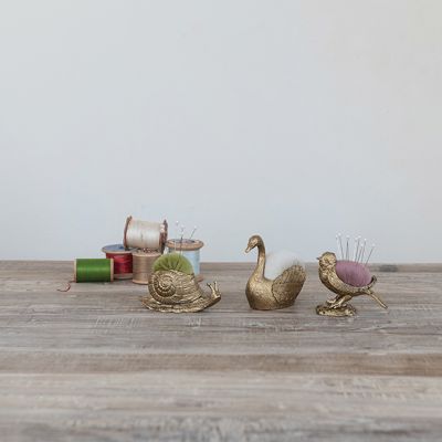Gold Finish Animal Pin Cushion with Pearl Head Pins Set of 3