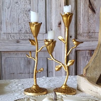 Gold Finish Flower and Bird Taper Holder