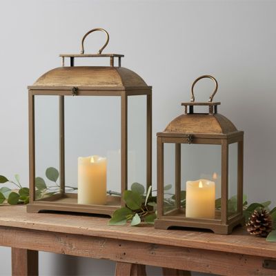 Gold Top Wooden Lantern Set of 2