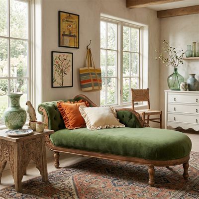 Gorgeous Green Velvet Upholstered Chaise Lounge