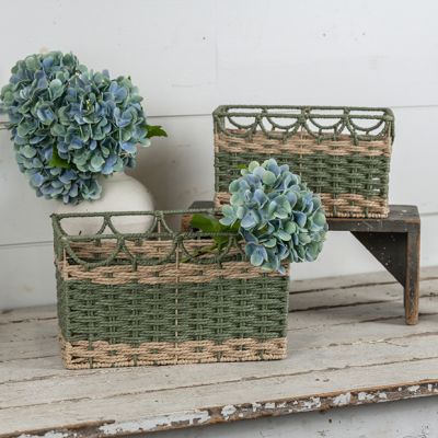 Green and Tan Woven Rattan Nesting Baskets Set of 2