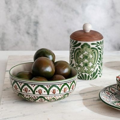 Green Botanical Stoneware Canister With Lid