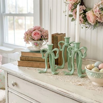Green Bow Candle Taper Holders Set of 3