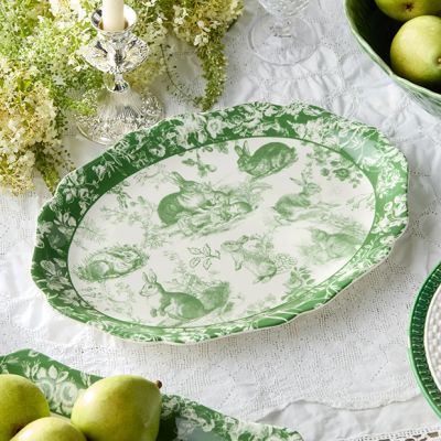Green Floral Bunny Oval Platter