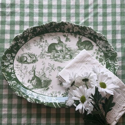 Green Floral Bunny Oval Platter