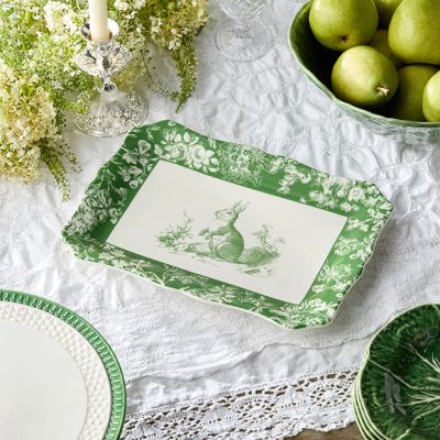 Green Floral Bunny Rectangular Platter
