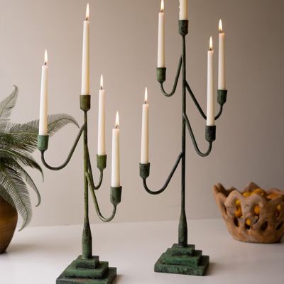Green Patina Forged Iron Taper Candelabra Set of 2