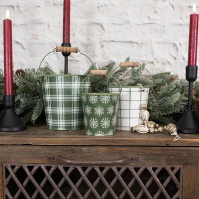 Green Plaid And Snowflake Bucket Set of 3