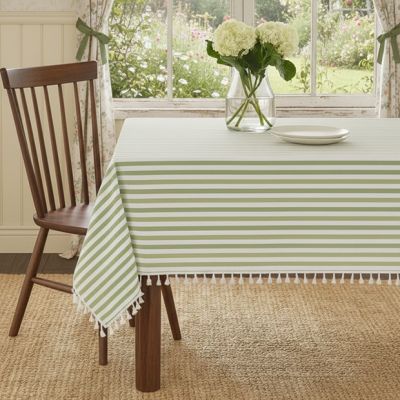 Green Stripe Tasseled Tablecloth