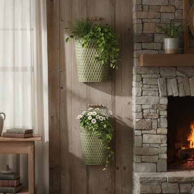 Green Textured Iron Wall Planter Set of 2