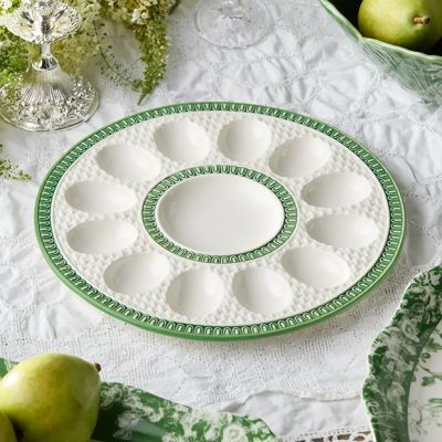 Green Trim Embossed Ceramic Egg Plate