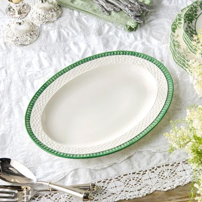 Green Trim Embossed Ceramic Oval Platter