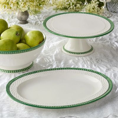 Green Trim Embossed Ceramic Oval Platter