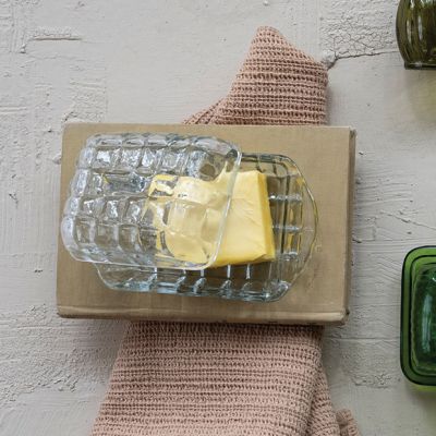Grid Pattern Pressed Glass Butter Dish