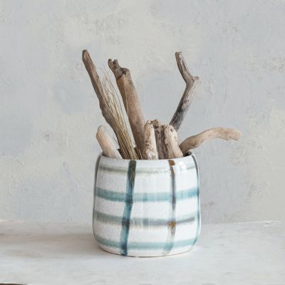 Grid Patterned Stoneware Planter Pot