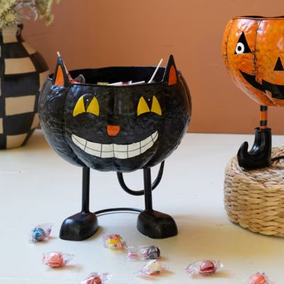 Grinning Black Cat Footed Candy Bowl