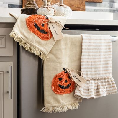 Halloween Pumpkin Fringed Tea Towel Set of 2