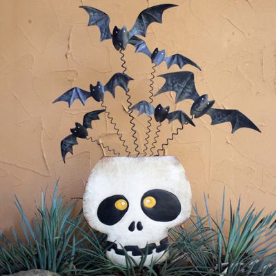 Halloween Skull With Bats Metal Yard Stake