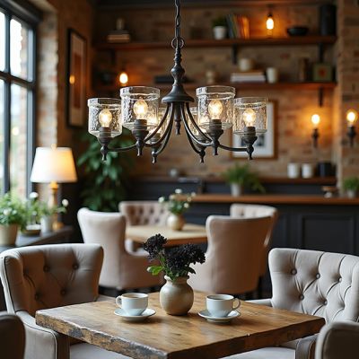 Hammered Water Glass Shade 6 Light Chandelier Antique Black