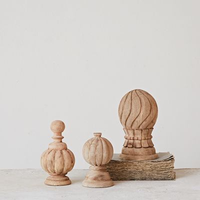 Hand Carved Mango Wood Finial Decor Set of 3