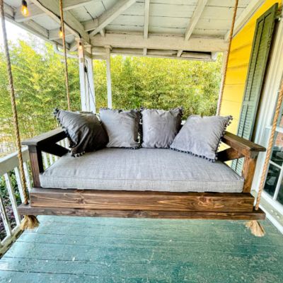 Hand Crafted Stained Pine Porch Swing With Cushion | SHIPS FREE