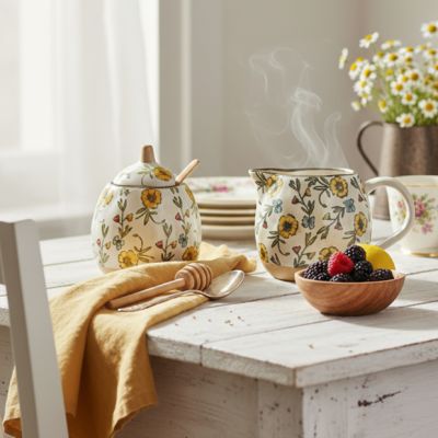 Hand Painted Floral Lidded Sugar Jar With Spoon