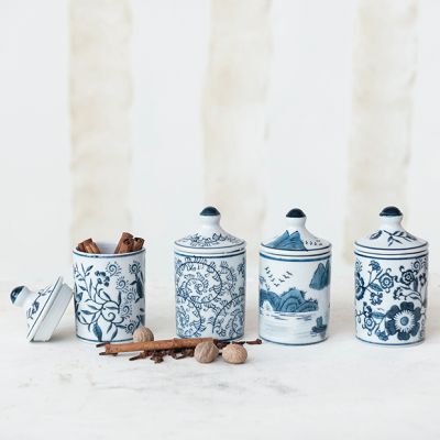 Hand Painted Lidded Stoneware Spice Jars Set of 4