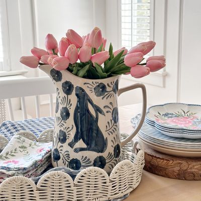 Hand Painted Rabbit And Flowers Pitcher