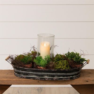 Handled Distressed Black Metal Oval Tray