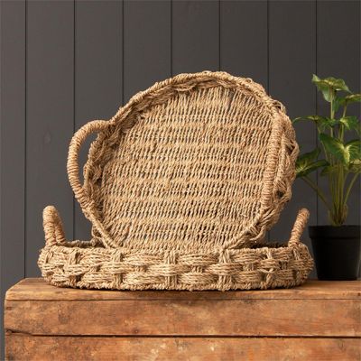 Handled Round Braided Seagrass Trays Set of 2