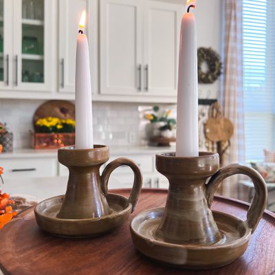 Stoneware Footed Taper Holder w/ Handle