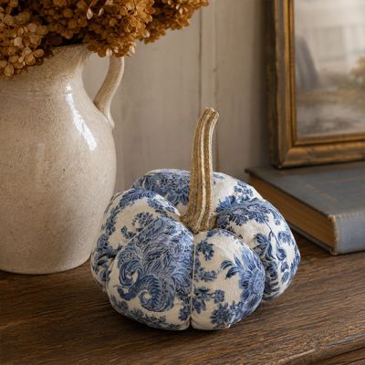 Handmade Blue and Silver Patterned Fabric Pumpkin