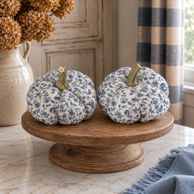 Handmade Blue Floral Fabric Pumpkins Set of 2