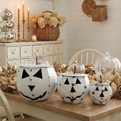 Handmade Lidded White Metal Pumpkins Set of 3