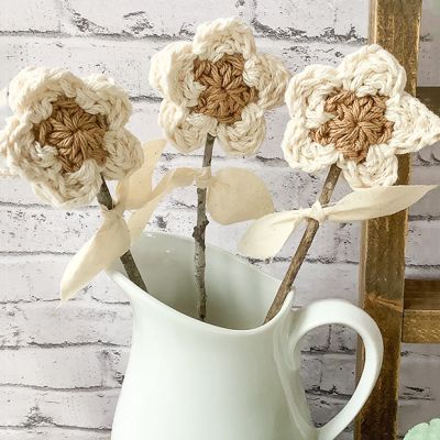 Handmade Neutral Crocheted Flower Stems Set of 3