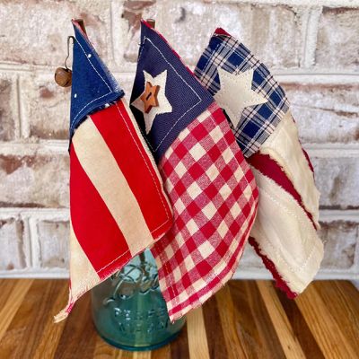 Handmade Primitive Patriotic Fabric Flags Set of 3