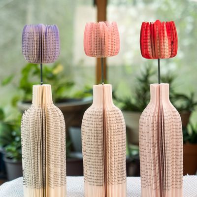 Handmade Repurposed Book Paper Vase with Flower