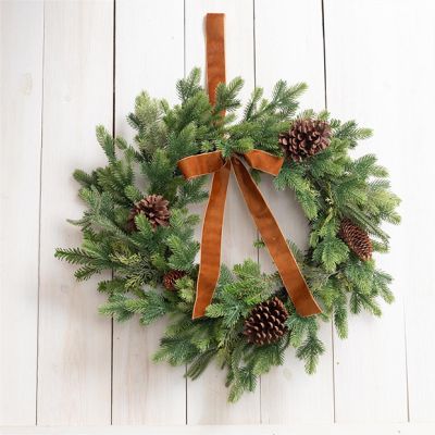 Hanging Faux Pinecone Wreath With Velvet Bow