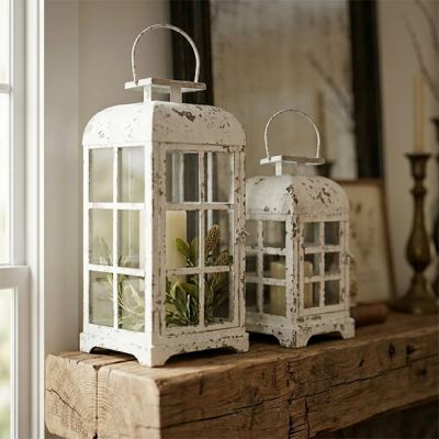 Heirloom Cottage Chippy White Lantern Set of 2