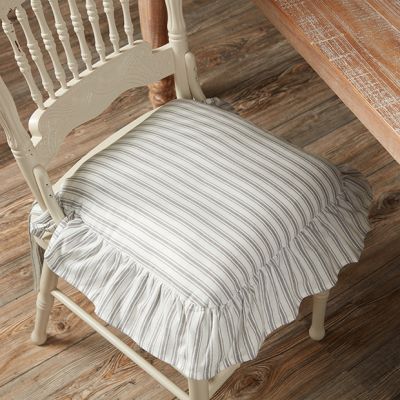 Heirloom Cottage Ticking Stripe Ruffled Chair Pad Set of 2