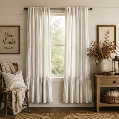 Heirloom Cottage Ticking Stripe Ruffled Panel Curtain Set of 2
