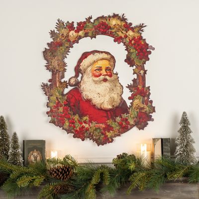 Holiday Wreath Santa Metal Wall Plaque