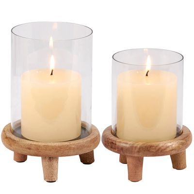 Hurricane Candle Holder on Footed Wood Stand Set of 2