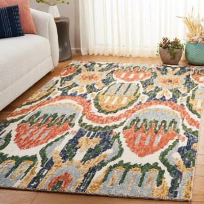 Ikat Pattern Green/Rust Area Rug