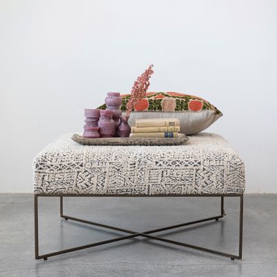 Ivory Damask Upholstered Square Ottoman