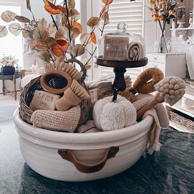Large Ceramic Bowl With Faux Leather Handles