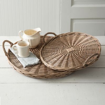Large Round Wicker Tray With Handles Set of 2