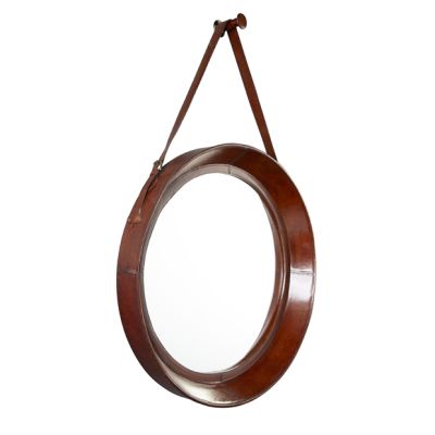 Leather Wrapped Hanging Round Wall Mirror