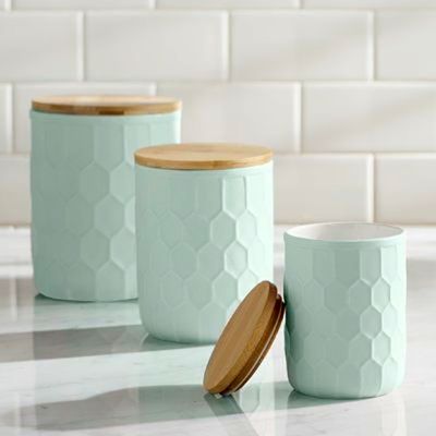 Lidded Embossed Stoneware Canister Set of 3